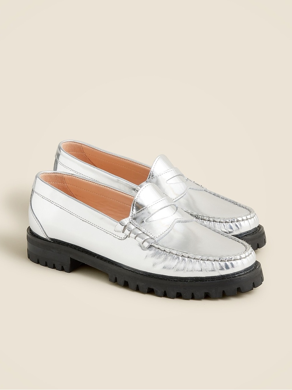 J Crew Winona Metallic Silver Lug Sole Penny Loafers Leather Sz 11